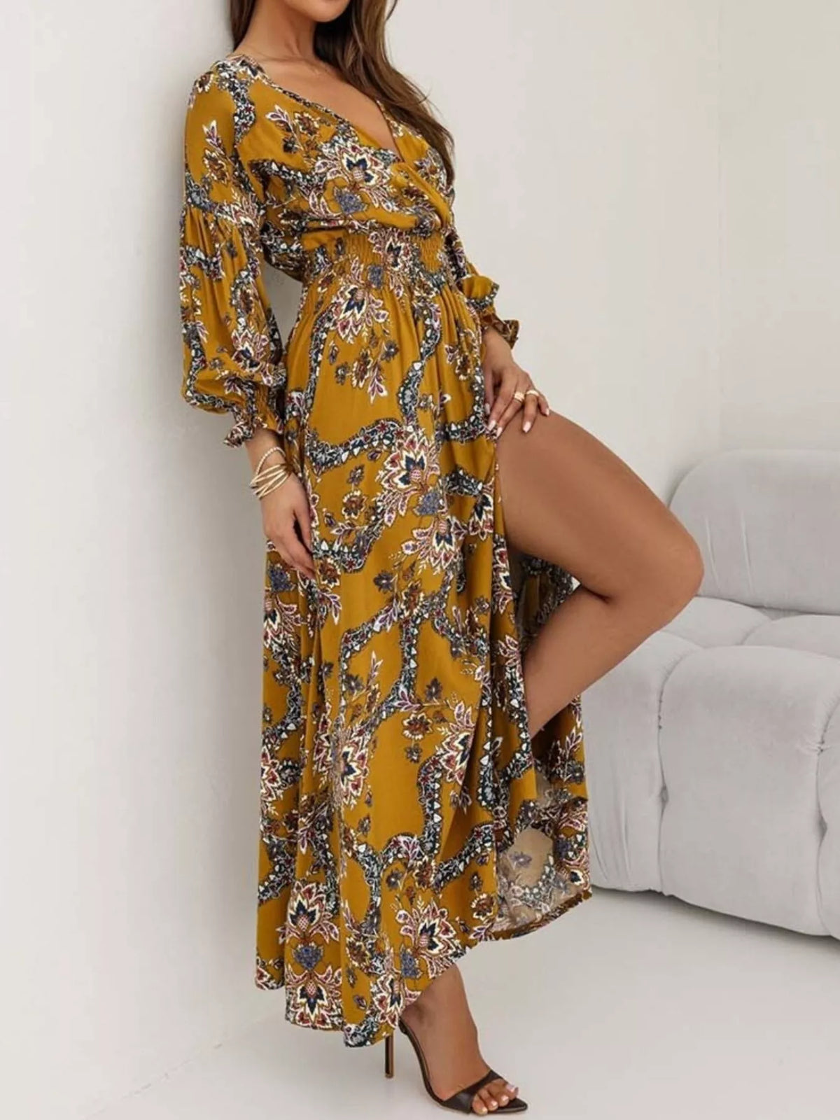Printed Maxi Dress with Plunging Neckline