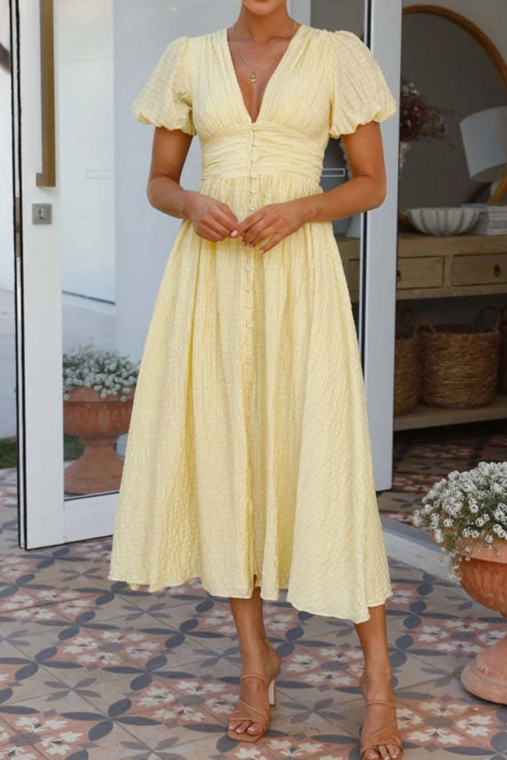Smocked Puff-Sleeve V-Neck Midi Dress