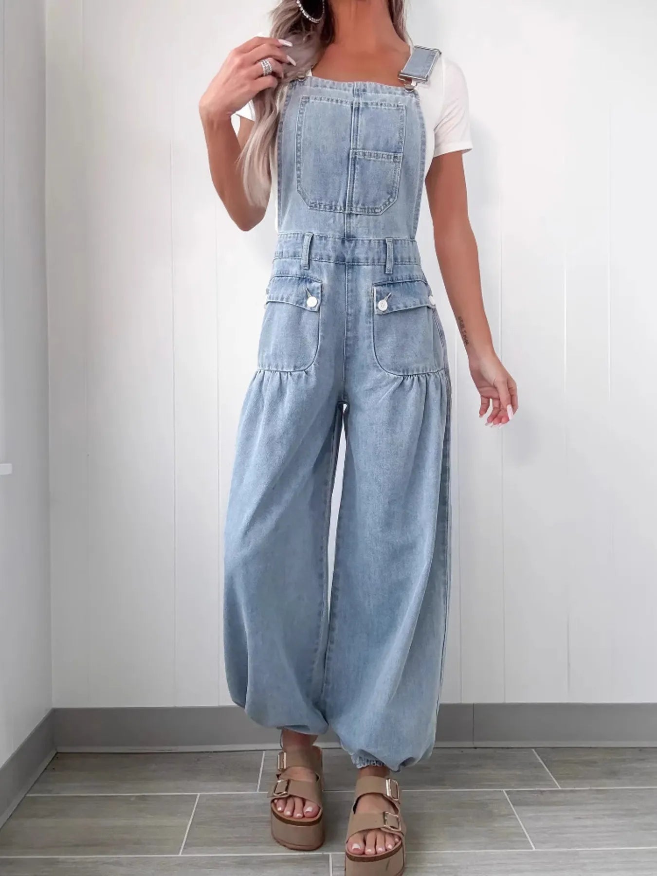 Wide Leg Denim Overalls in Light Blue