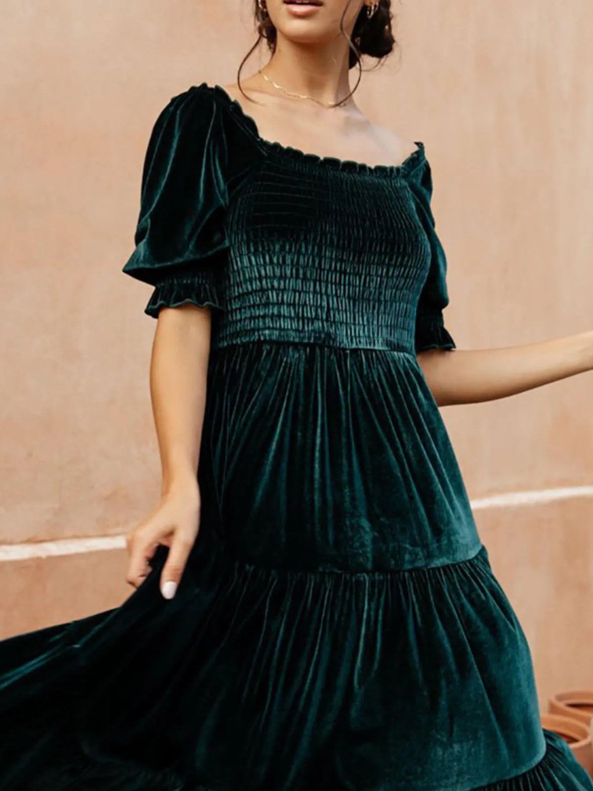 Smocked Half-Sleeve Tiered Midi Dress