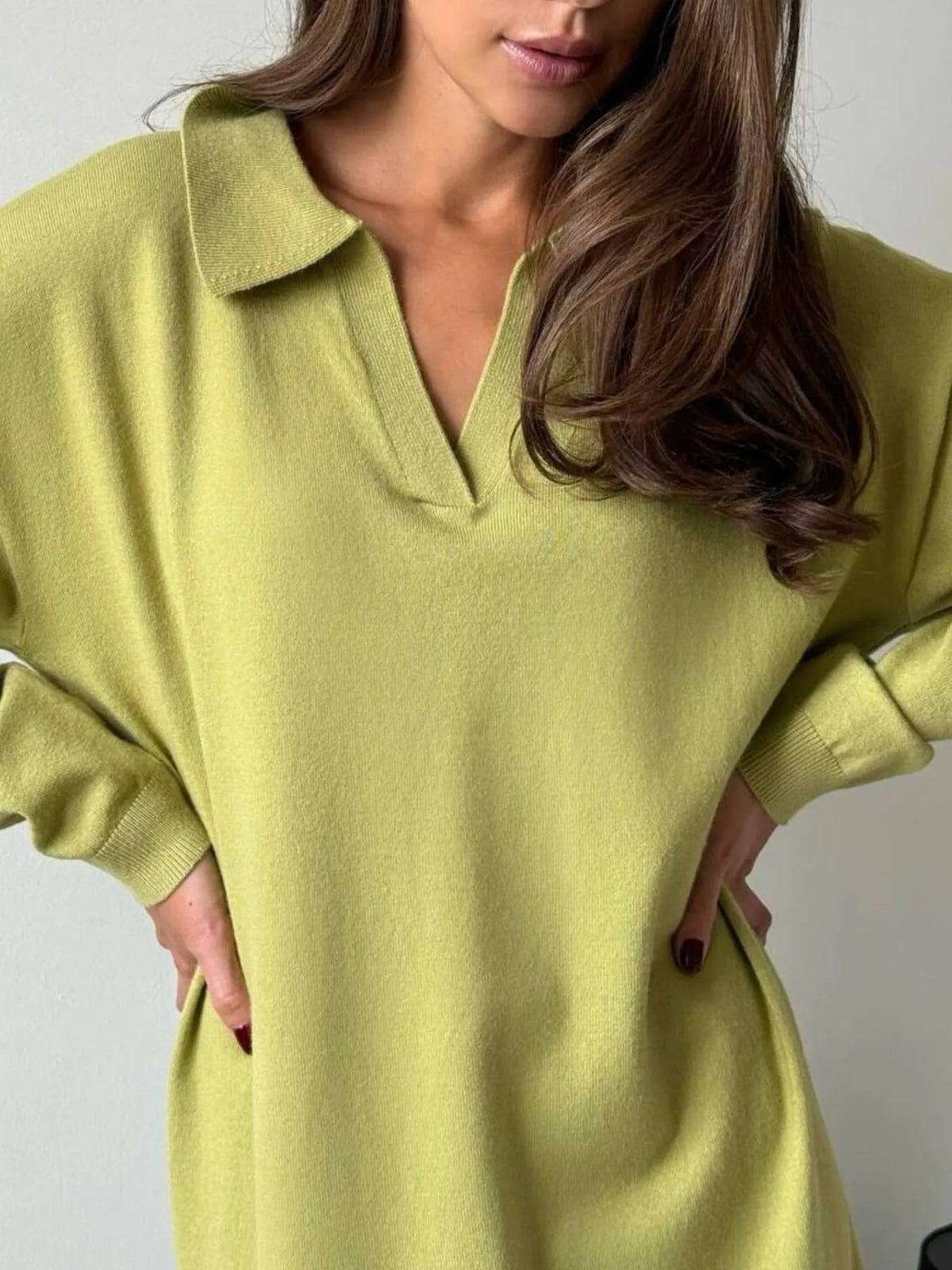 Collared Long Sleeve Knit Dress with Buttons
