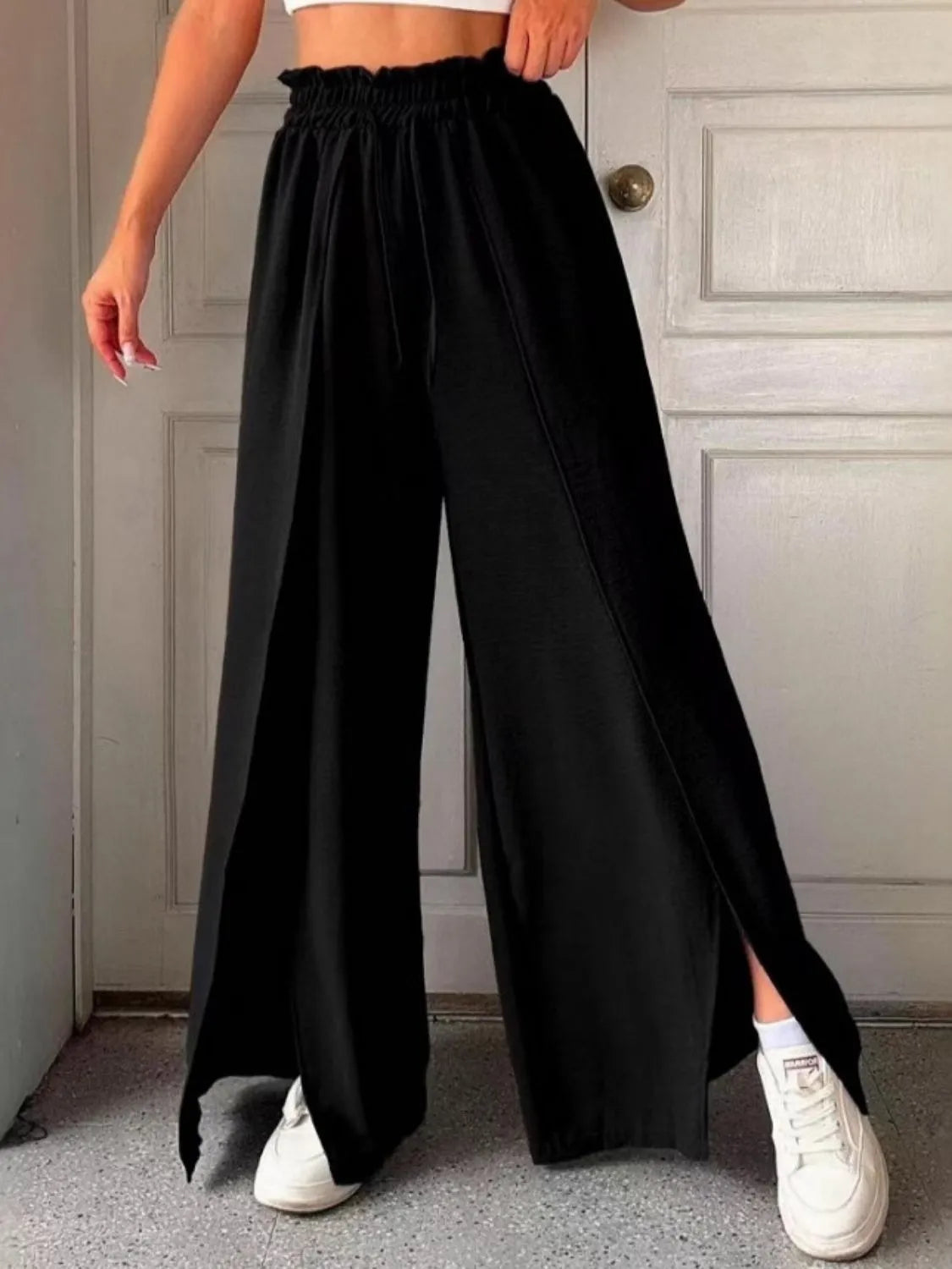 Frilled Slit Wide-Leg Pants
