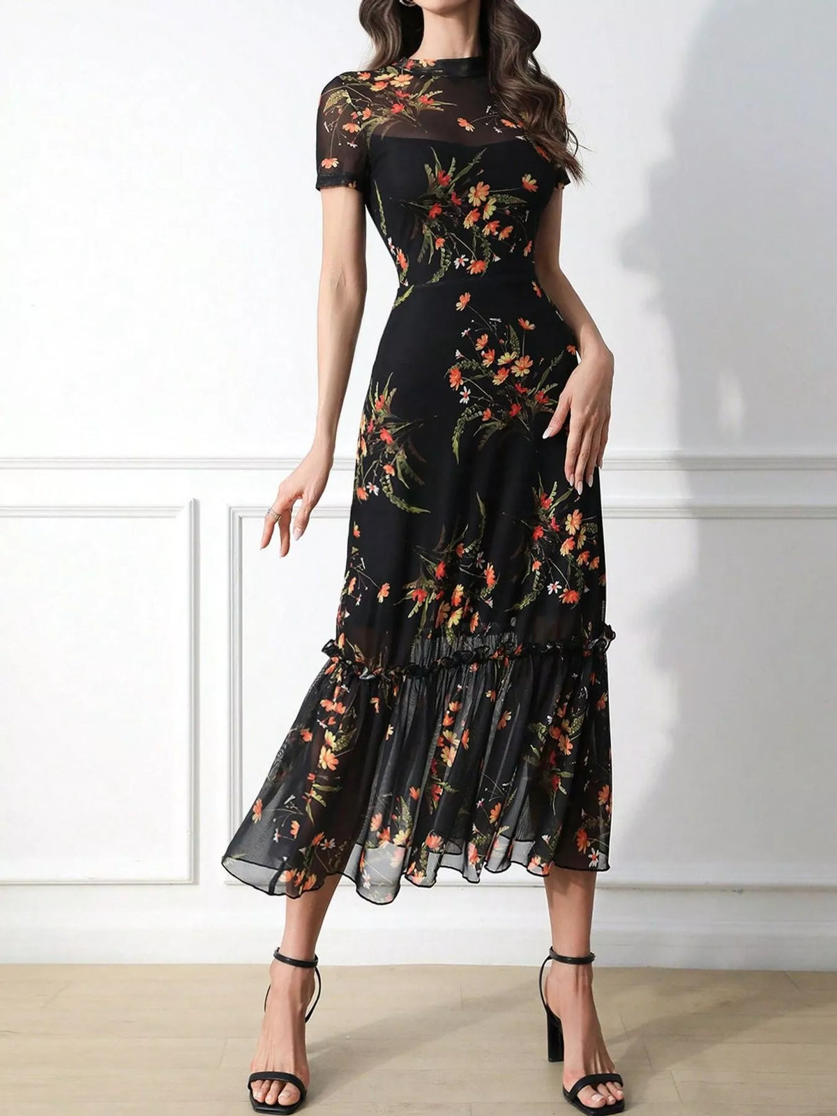 Floral Sheer Overlay Midi Dress in Black