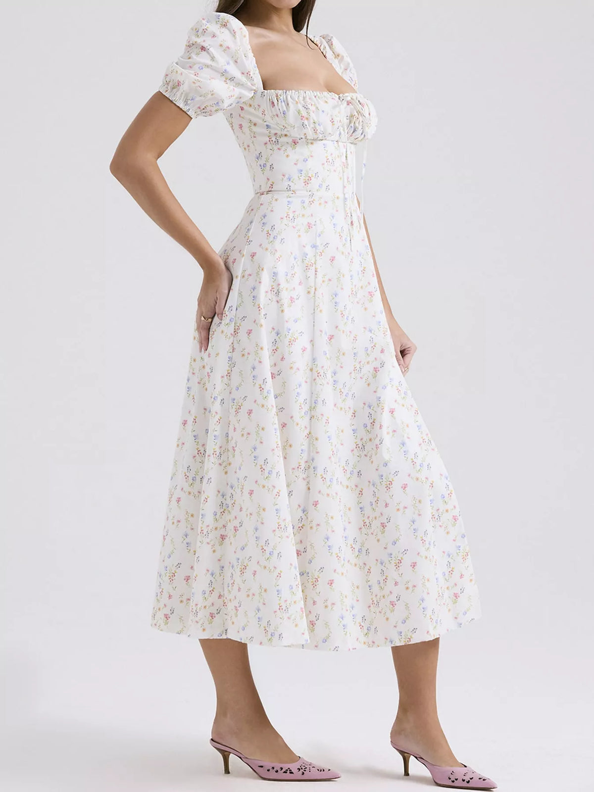 Floral Spaghetti Strap Midi Dress in White
