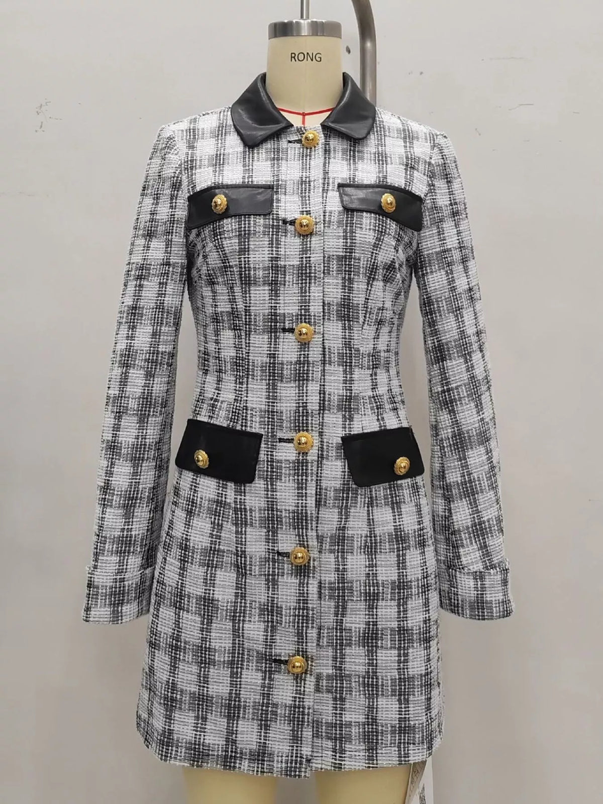 Long Sleeve Plaid Tweed Button-Down Mini Dress in Black