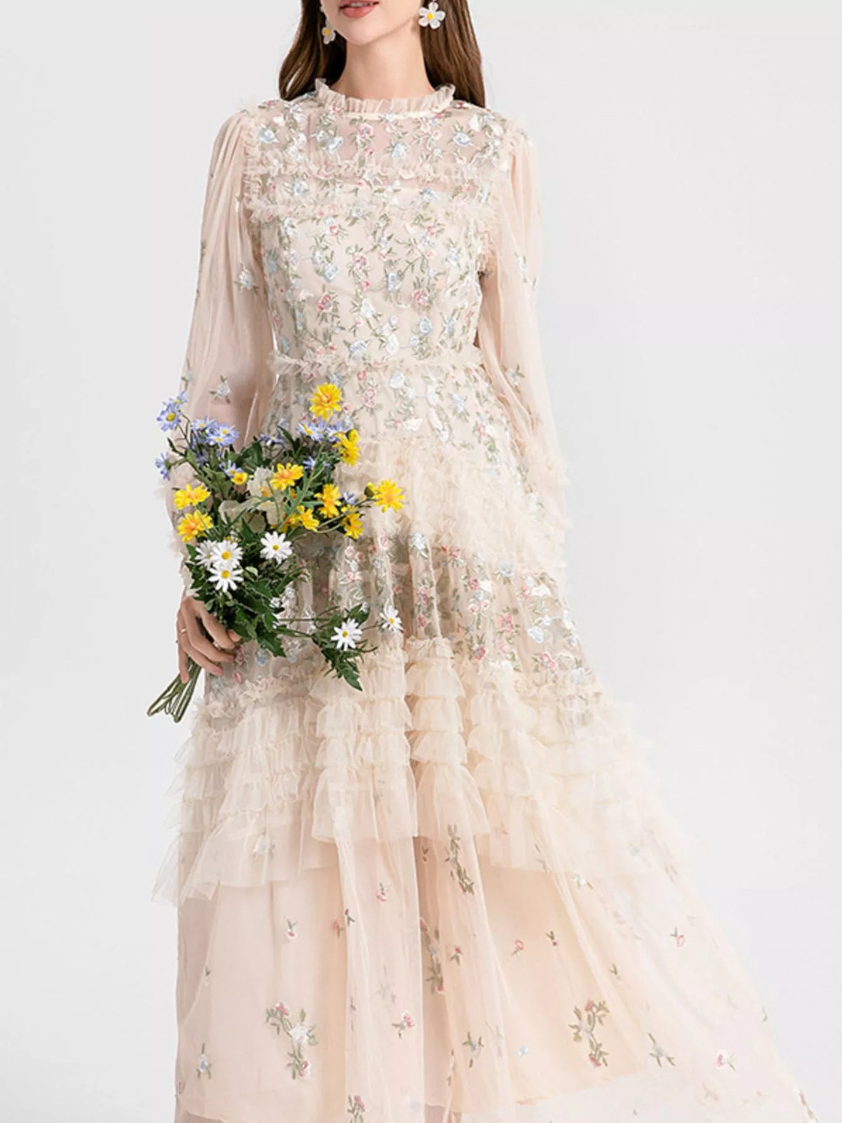 Floral Tulle Layered Maxi Dress in Apricot