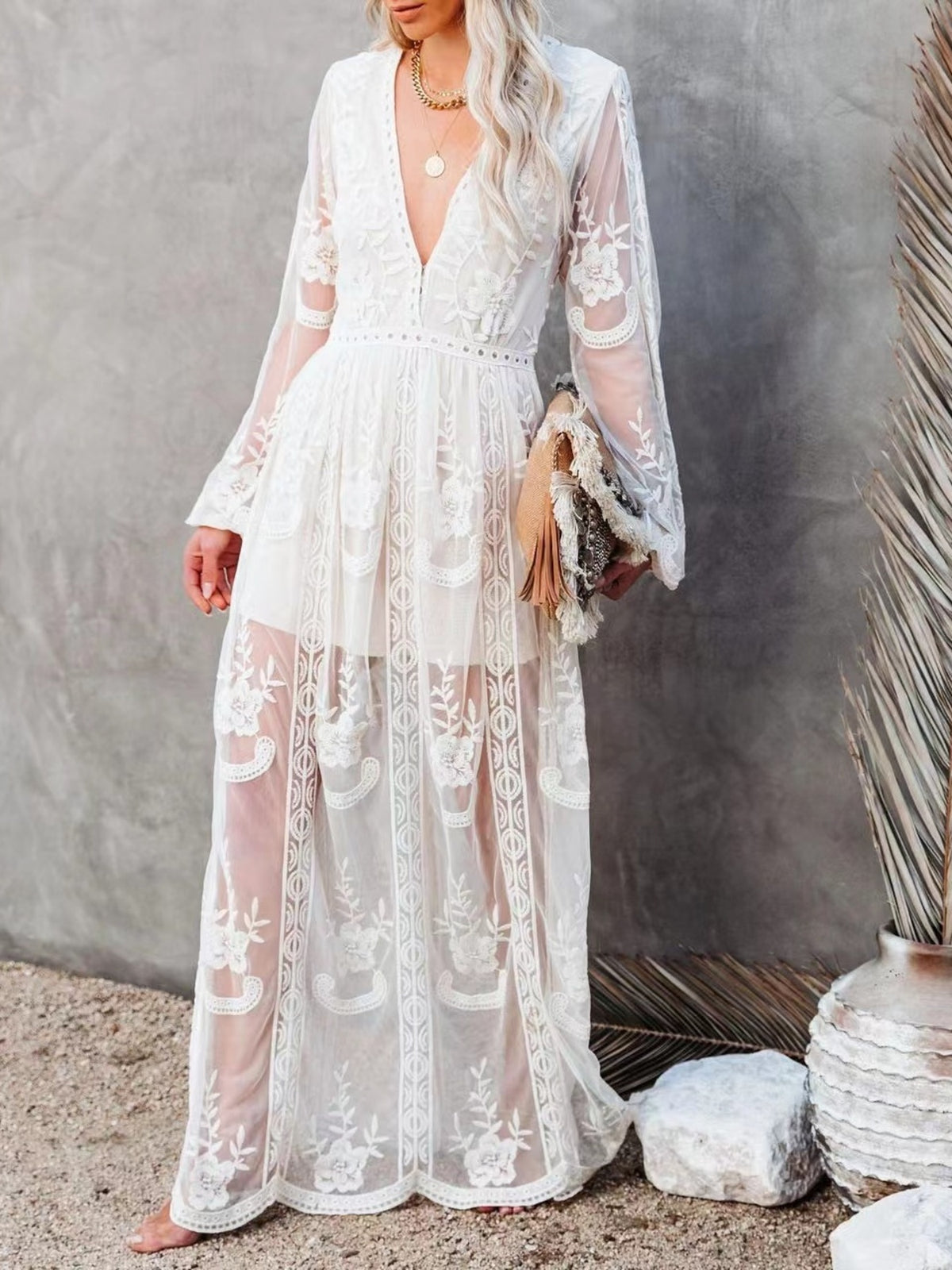Floral Lace Maxi Dress with Side Slit