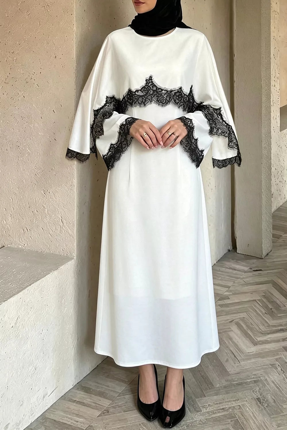 Lace Trim Round Neck Midi Dress in White