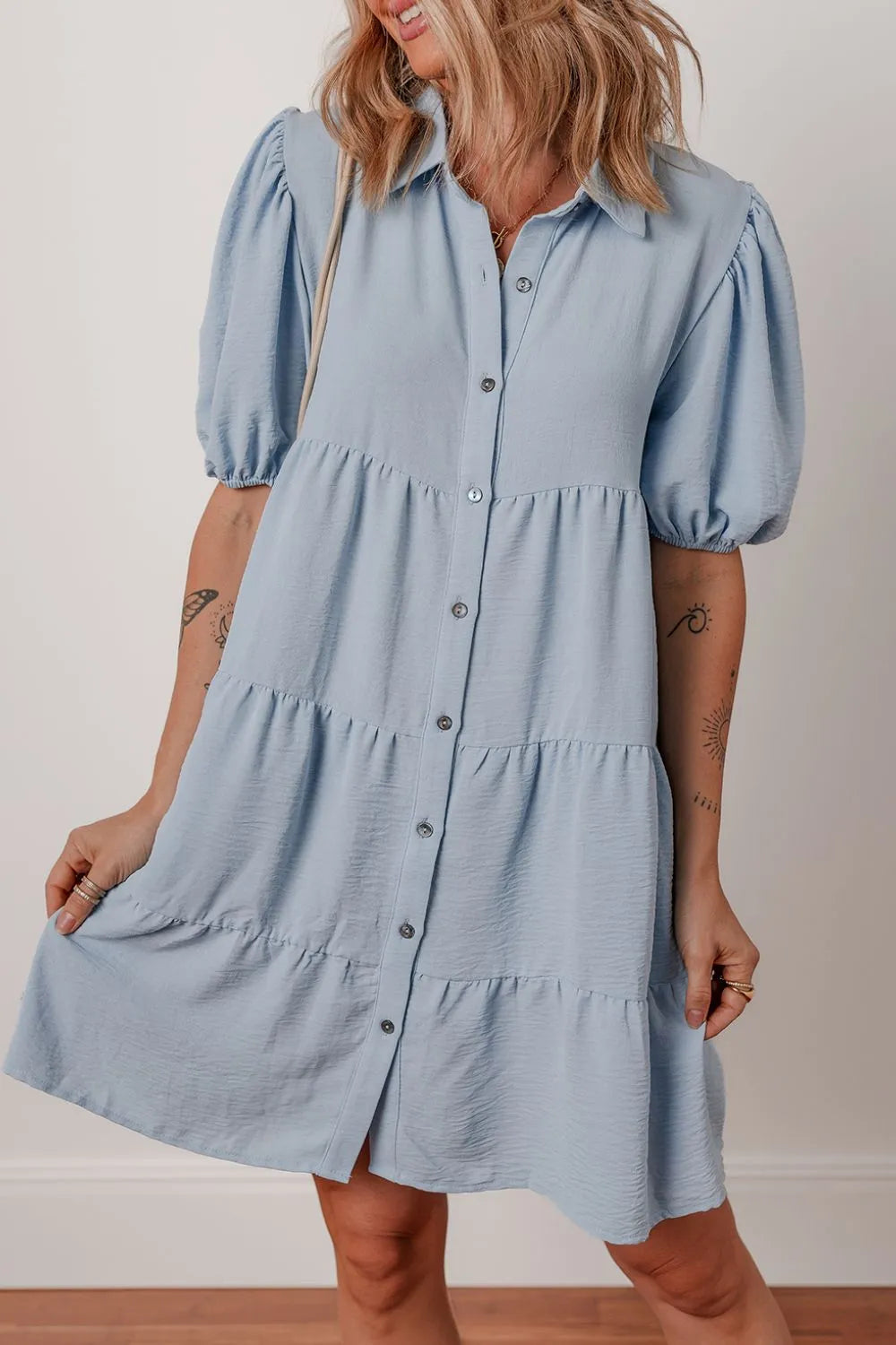 Button-Up Tiered Shirt Dress in Light Blue