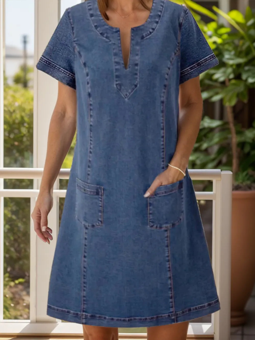 Notched Denim Dress in Dusty Blue