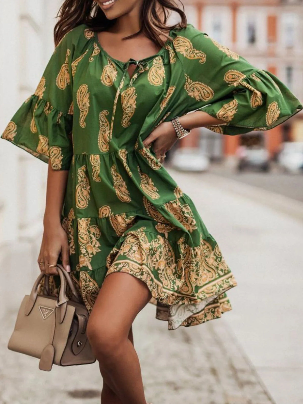 Paisley Tie-Neck Ruffled Half Sleeve Mini Dress