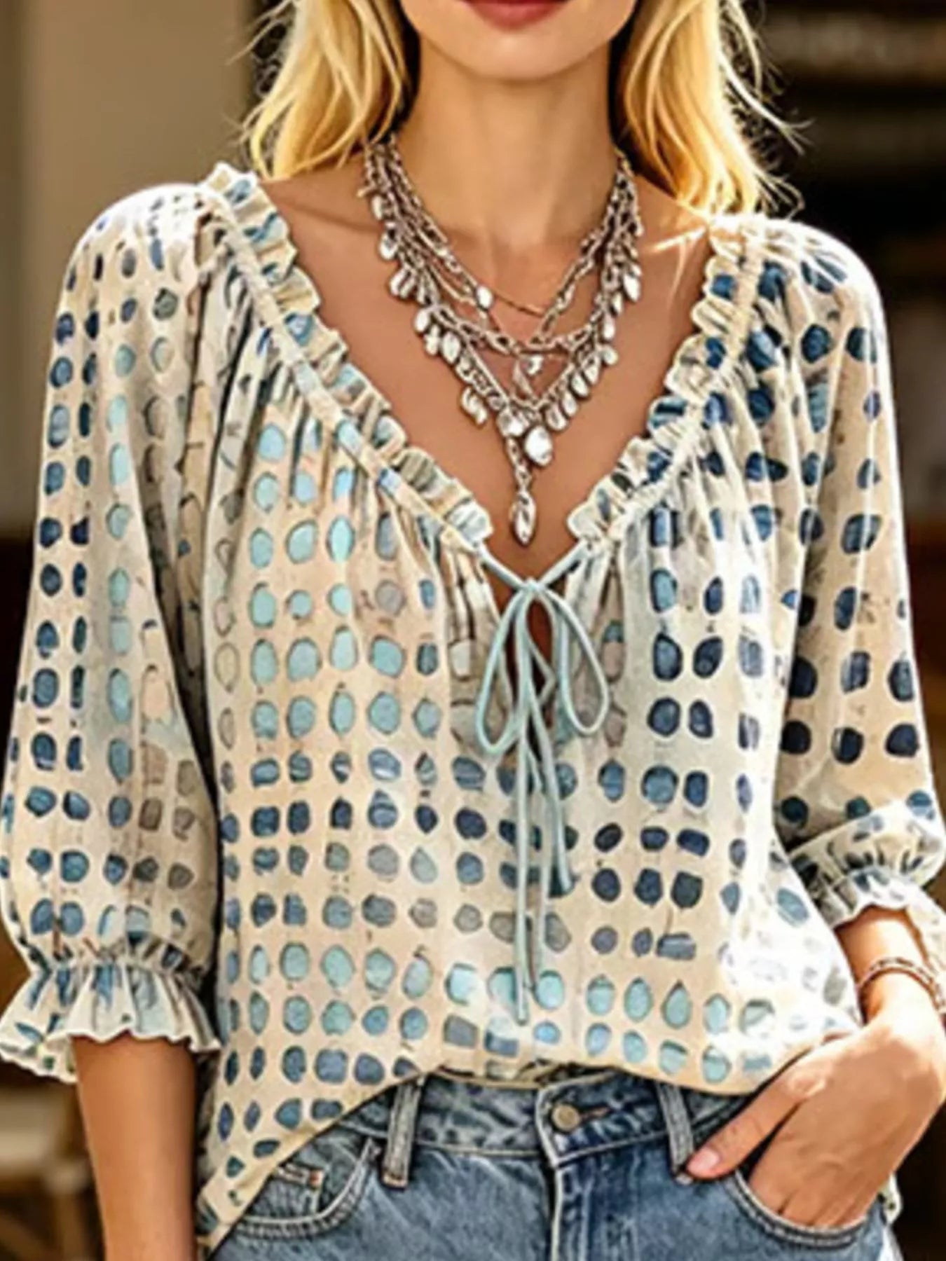 Tie Neck Ruffle Blouse