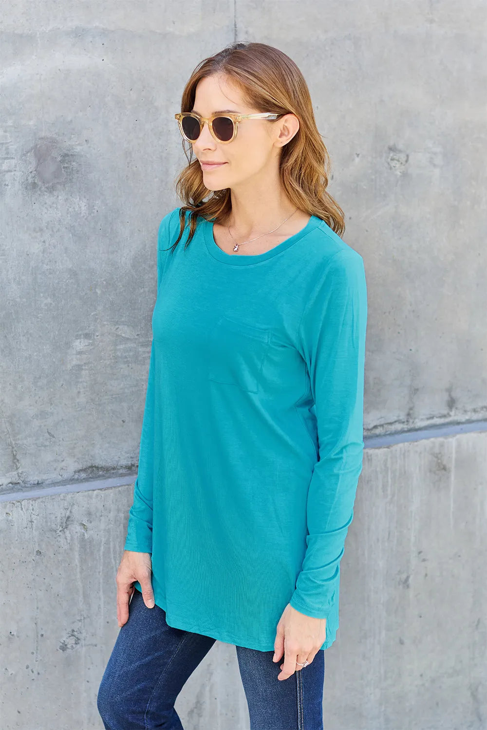 Basic Bae Pocketed Round Neck Long Sleeve Top