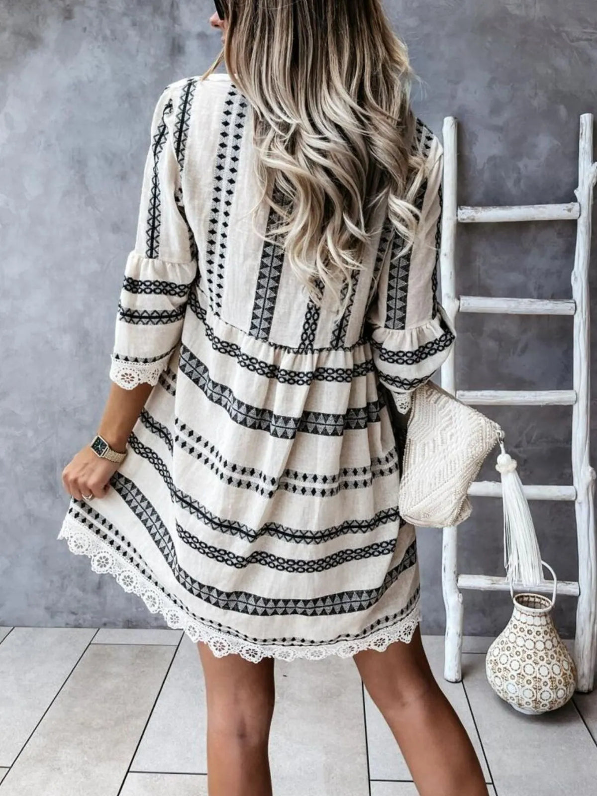 Striped V-Neck Lace Trim Babydoll Dress