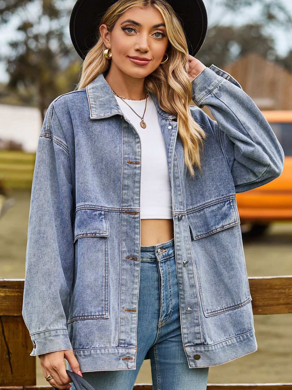 Dropped Shoulder Denim Jacket with Pockets by Manny