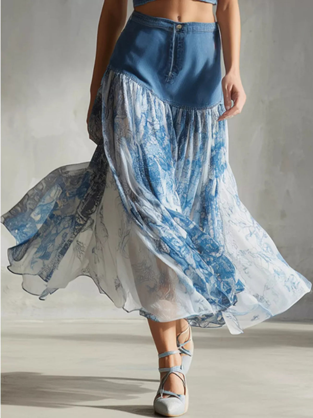 Denim-Paneled Floral Skirt in Blue