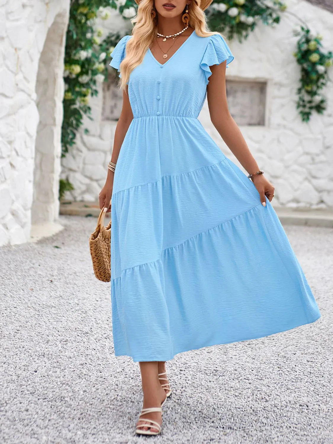 V-Neck Ruffle Sleeve Dress by Golden Gueen