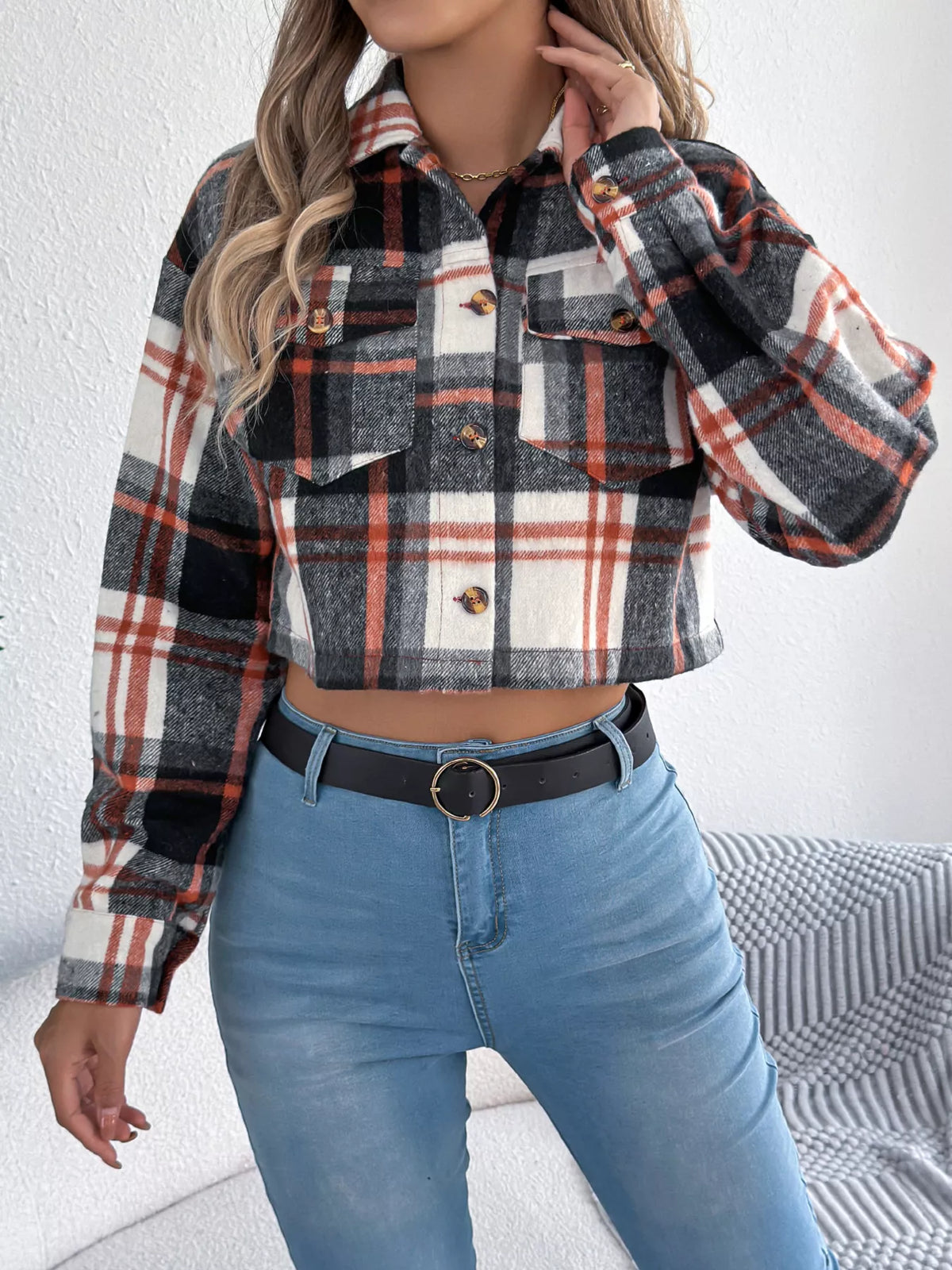 Plaid Button-Up Cropped Jacket by Clise