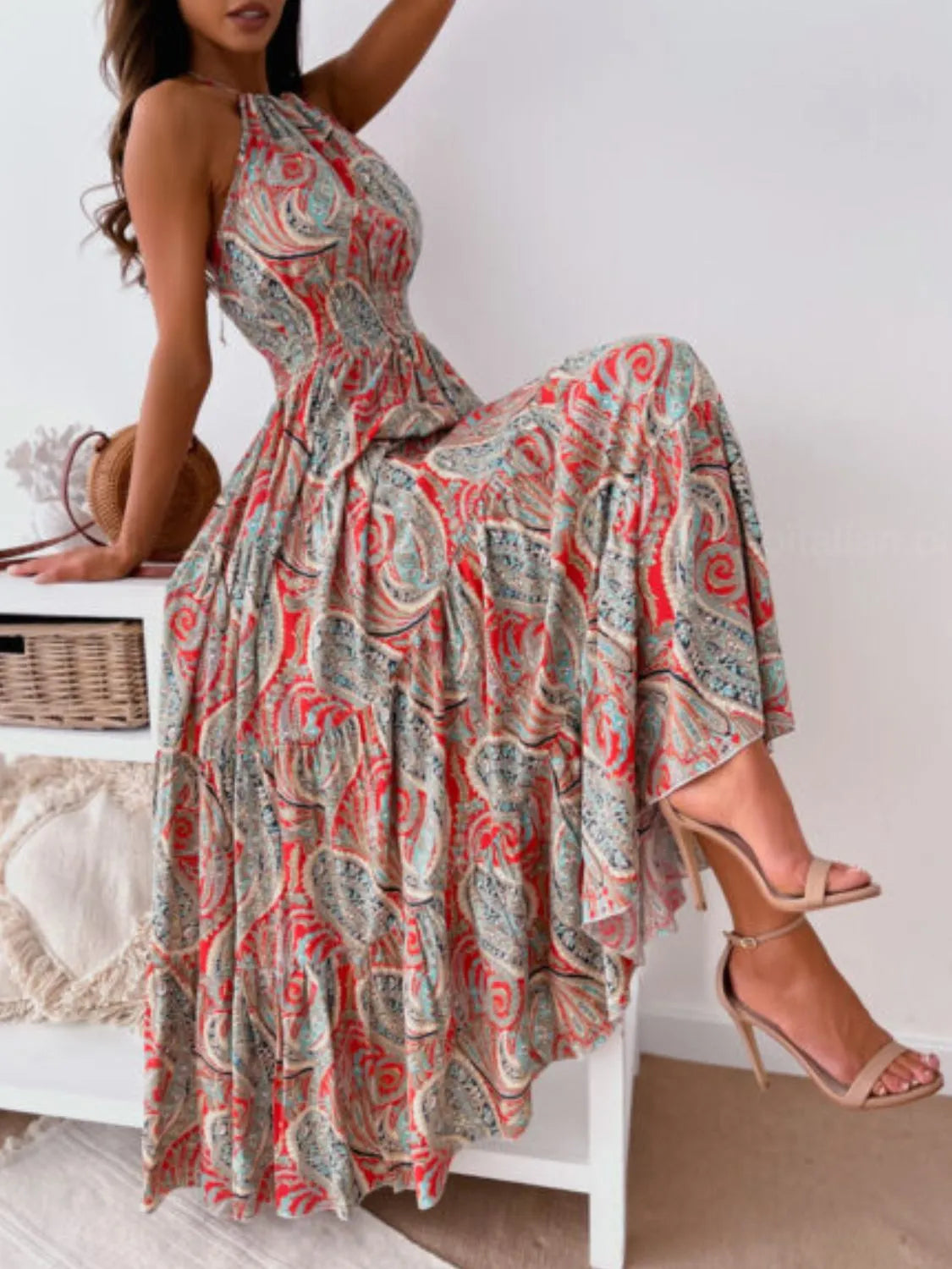 Halter Neck Tiered Maxi Dress in Red Flower