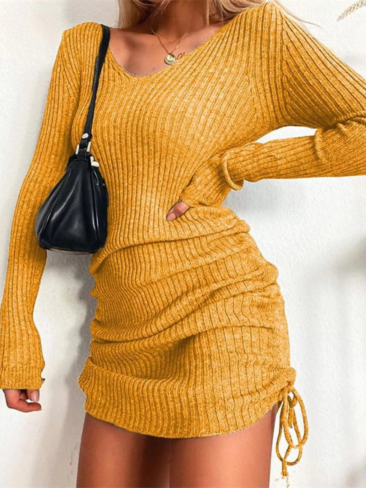 Ribbed Knit Drawstring Bodycon Sweater Dress
