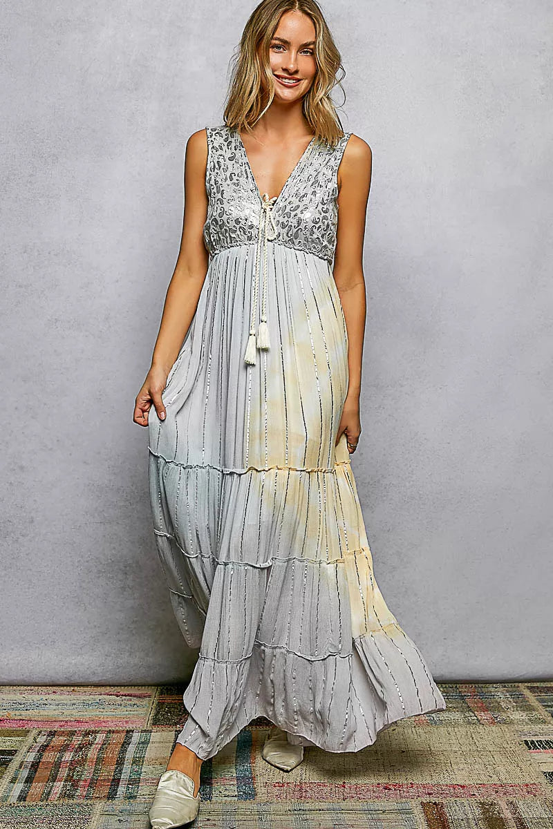 Deep V Tiered Maxi Dress in Light Grey Multi by POL