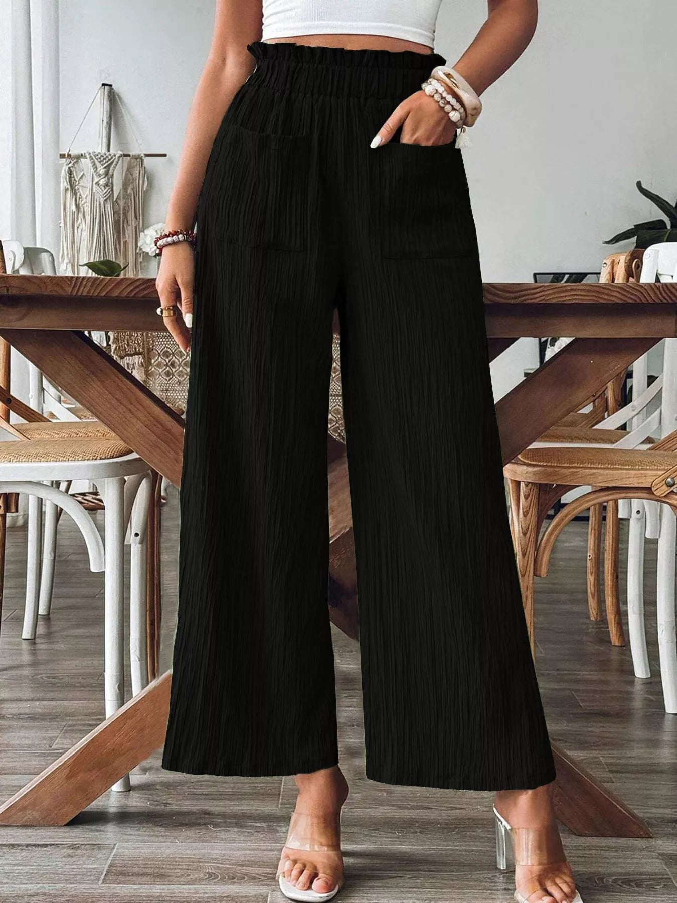 Ruched Frill Wide Leg Pants