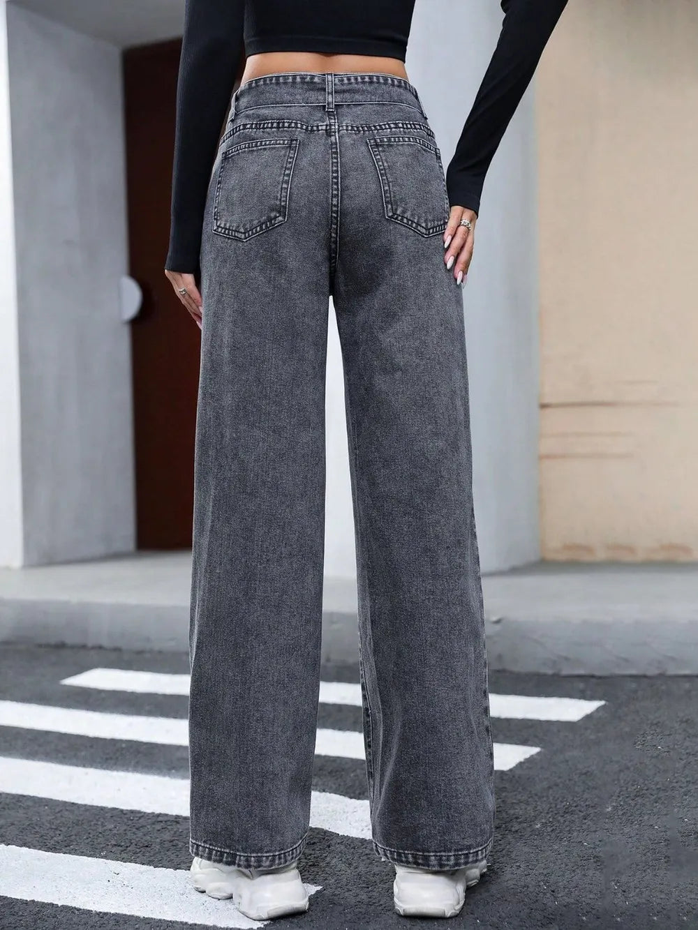 Tied Straight Leg Jeans with Pockets in Dark Gray