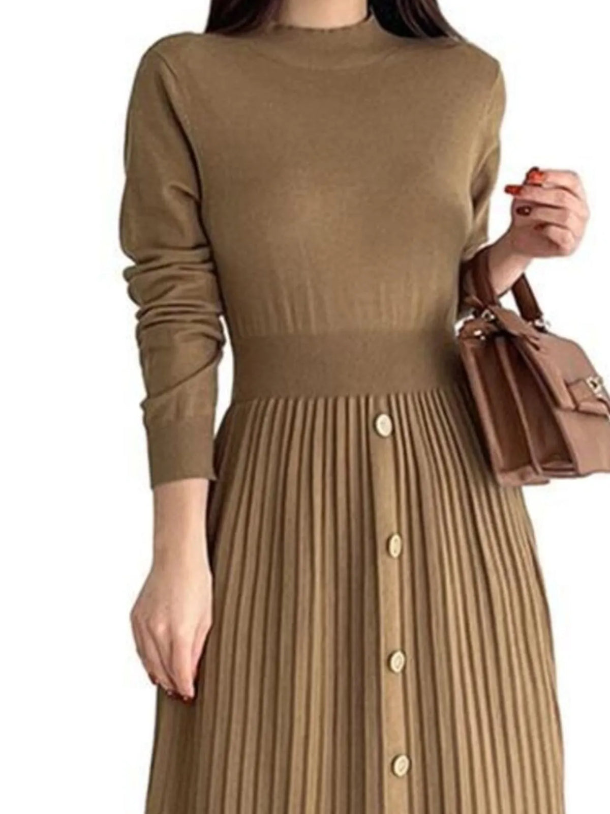 Slit Front Mock Neck Long Sleeve Knit Dress