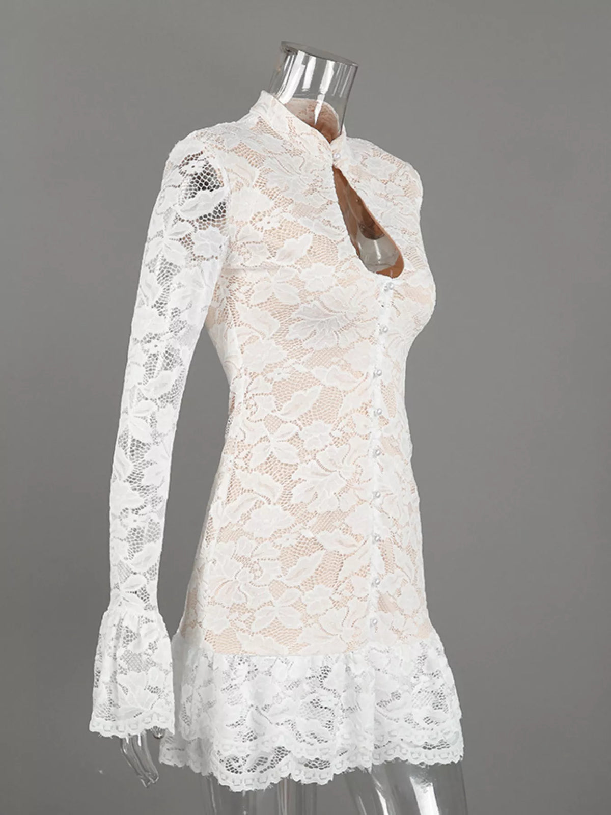 Lace Long-Sleeve Ruched Mini Dress in White