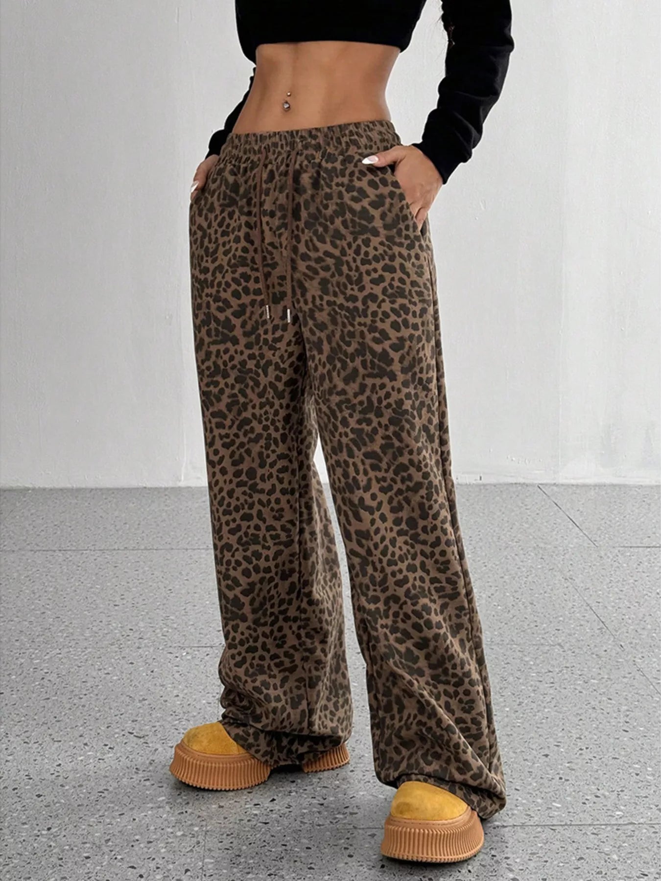 Leopard Print Wide Leg Pants, Plus Size