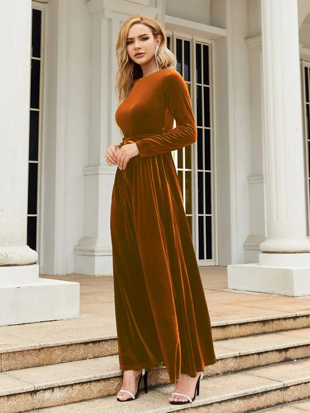 Tie-Front Round-Neck Long-Sleeve Maxi Dress