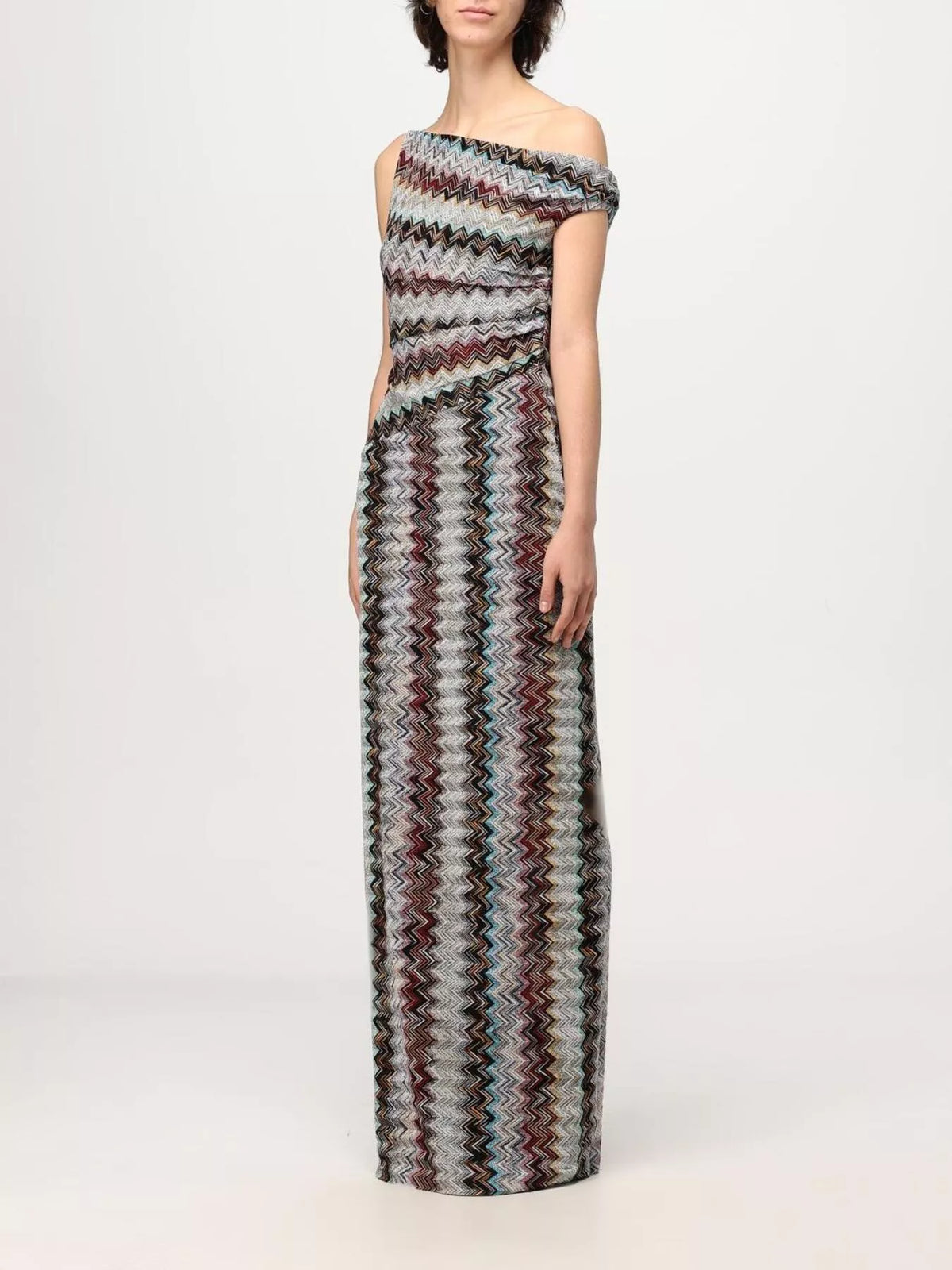 One-Shoulder Zigzag Knit Maxi Dress in Multicolor