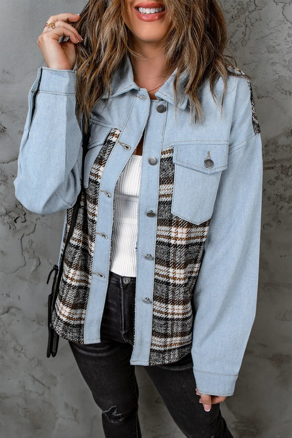 Plaid Button-Up Denim Jacket