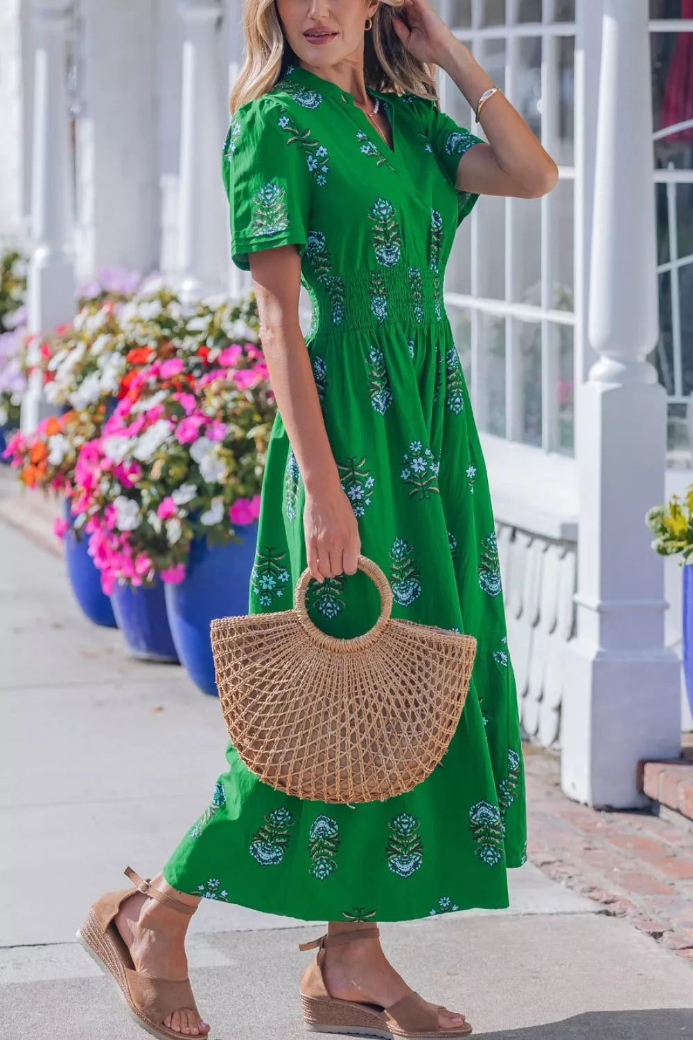 Floral Print Smocked-Waist Maxi Dress in Dark Green