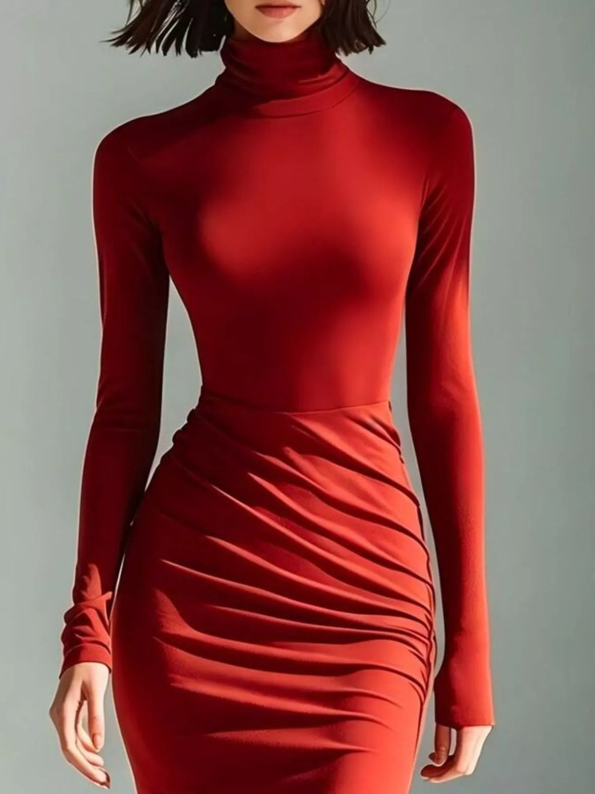 Slit Turtleneck Ruched Bodycon Mermaid Dress, Full Size