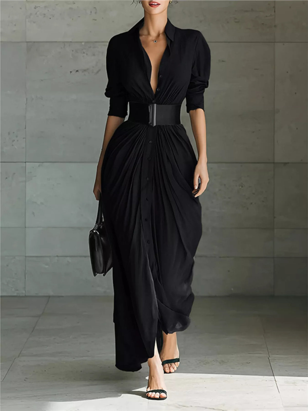 Ruched Button-Front Shirt Maxi Dress