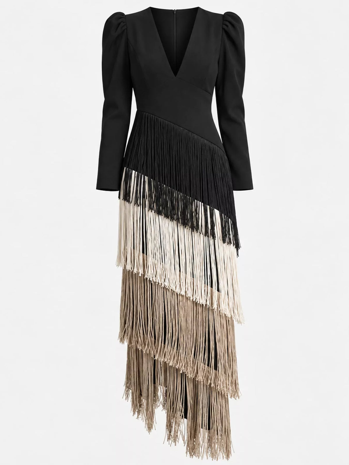 Fringed V-Neck Puff Sleeve Maxi Dress