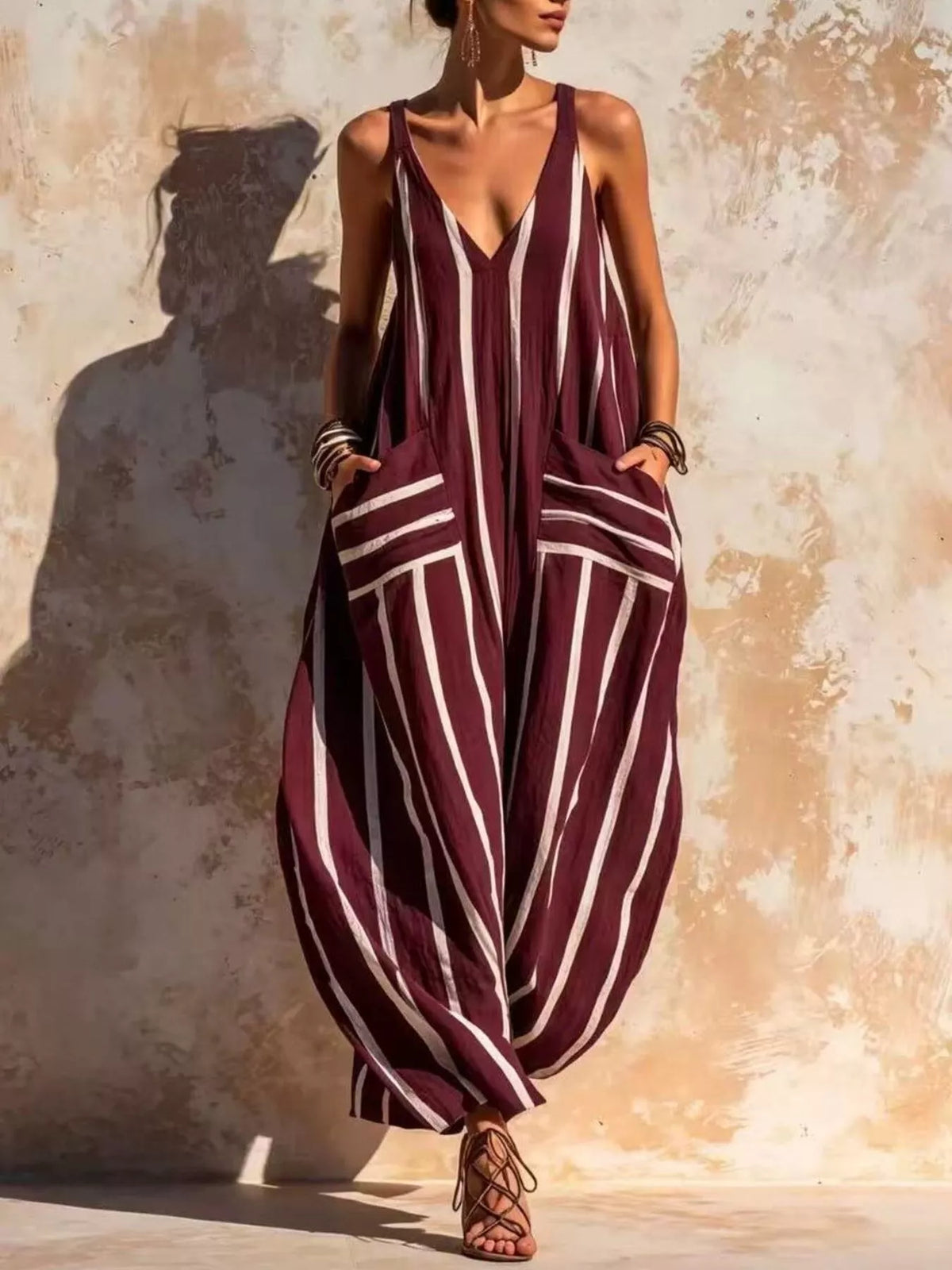 Striped V-Neck Sleeveless Wide-Leg Jumpsuit