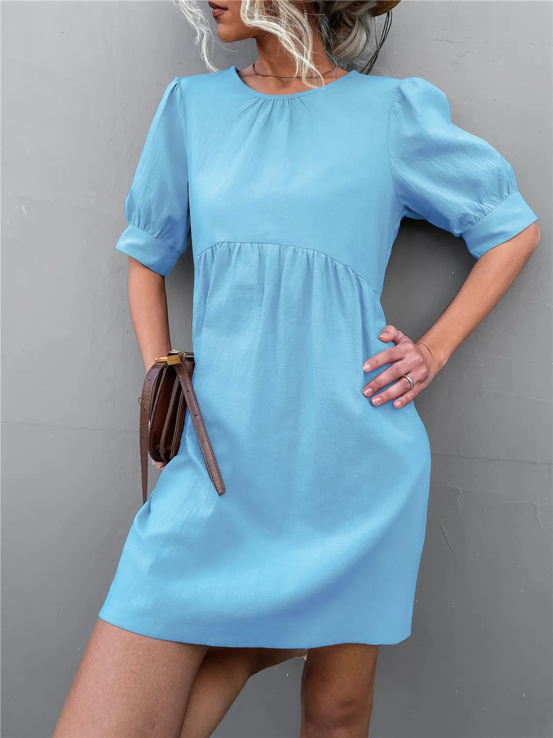 Round Neck Puff Sleeve Mini Dress in Pastel Blue in Pastel  Blue