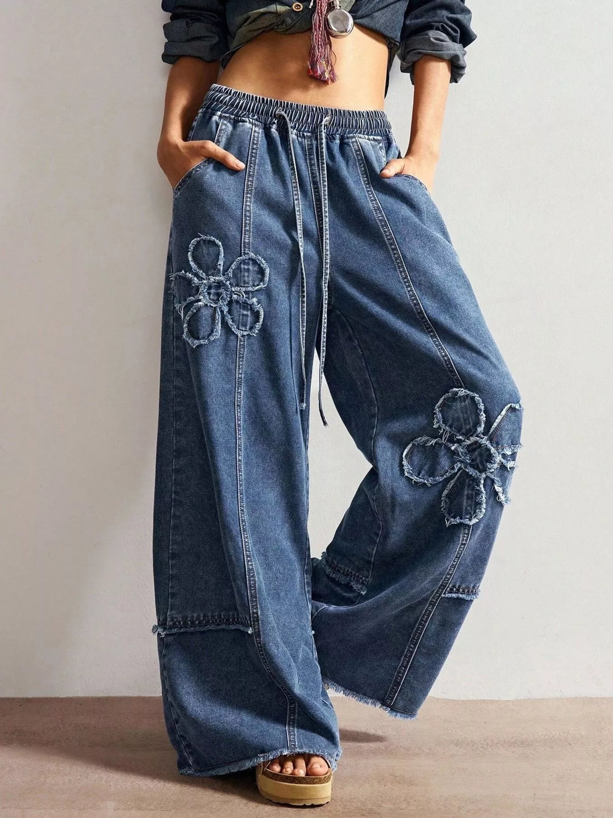 Flower Applique Wide Leg Jeans