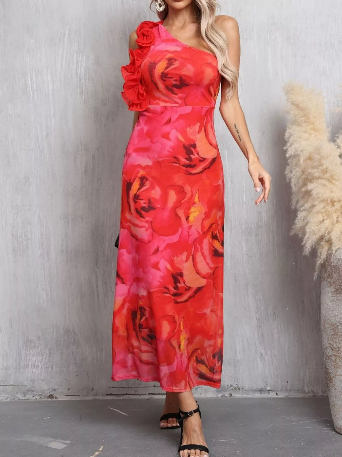 Floral One Shoulder Ruffle Trim Dress in Red