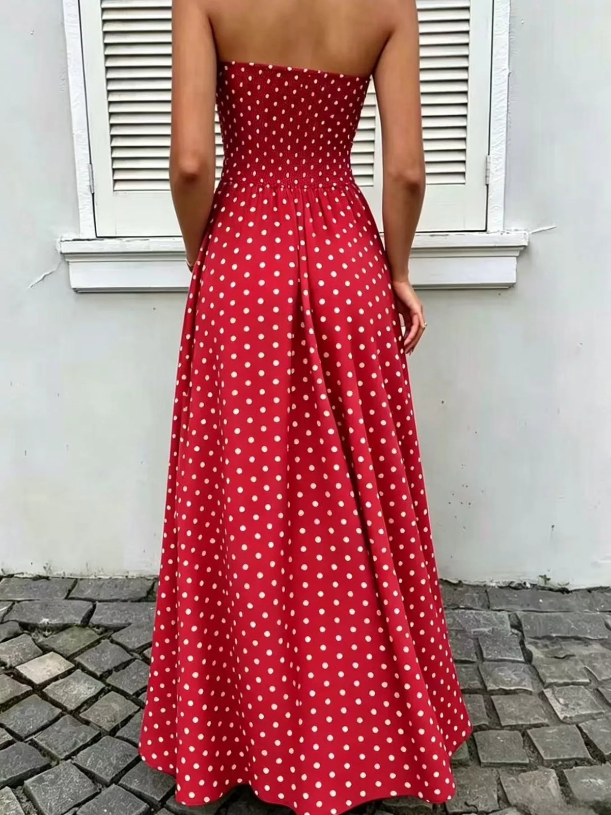 Strapless Polka Dot Ruched Maxi Dress