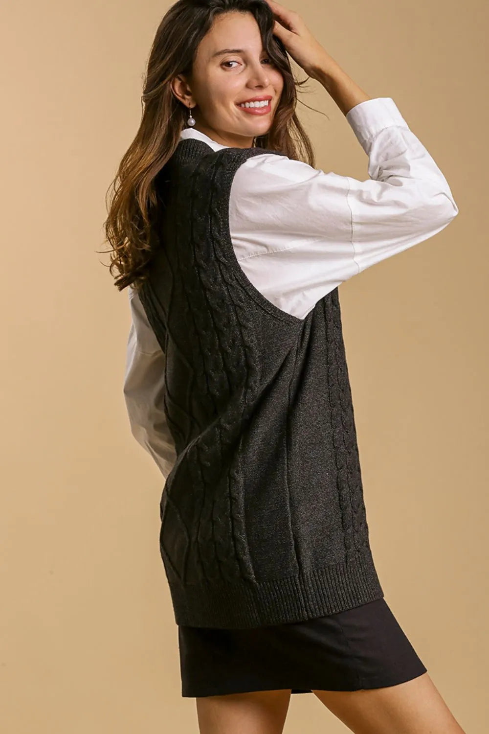 Umgee Cable Knit V-Neck Sweater Vest in Black