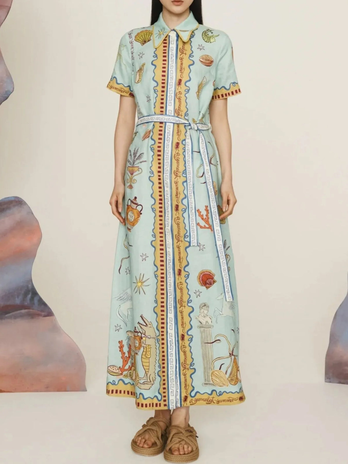 Multicolor Short Sleeve Maxi Shirt Dress