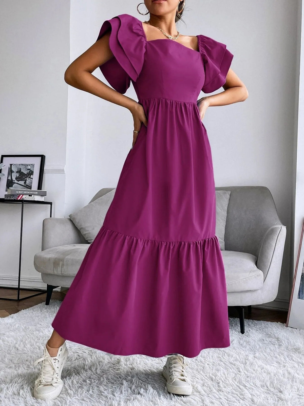 Tiered Ruffle Square-Neck Maxi Dress