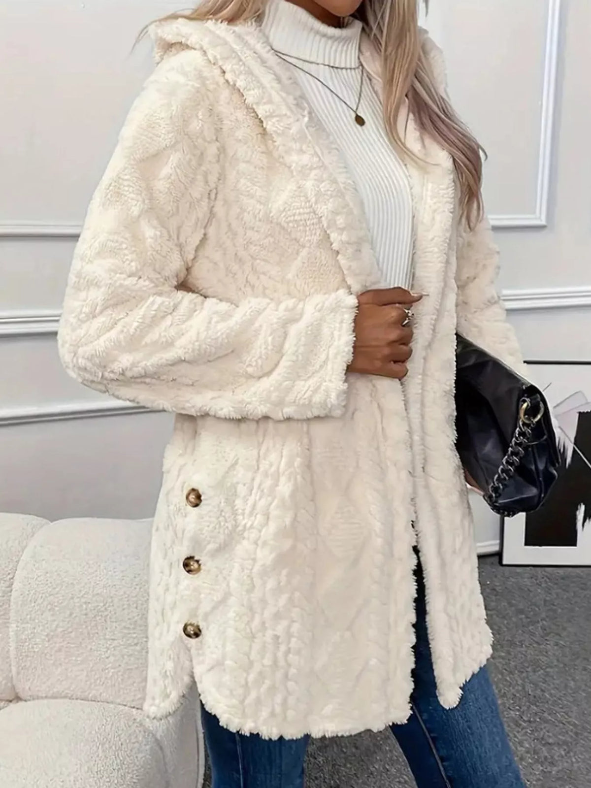 Cozy Cable-Knit Faux Fur Hooded Jacket