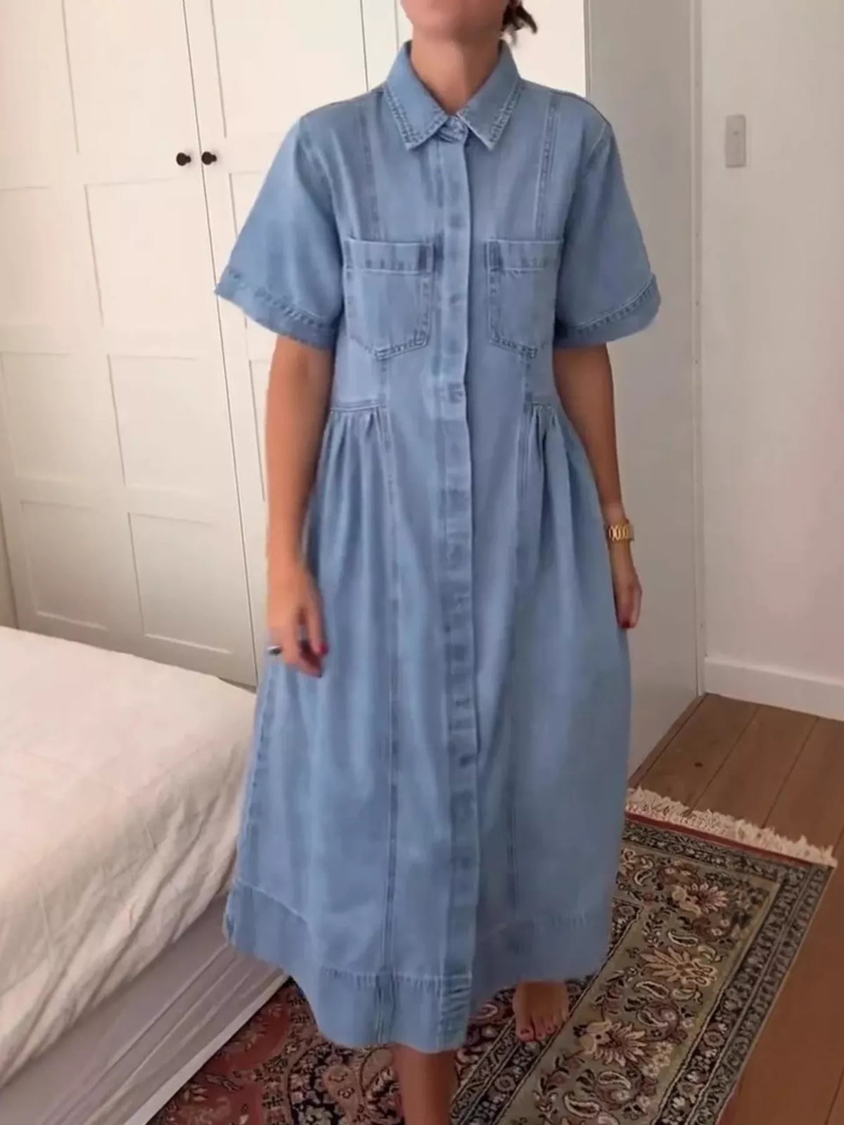 Button-Front Denim Midi Dress in Blue
