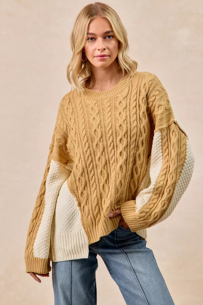 Mustard Ivory Cable Knit Hacci Combo Sweater in Lt mustard/ivory by BiBi
