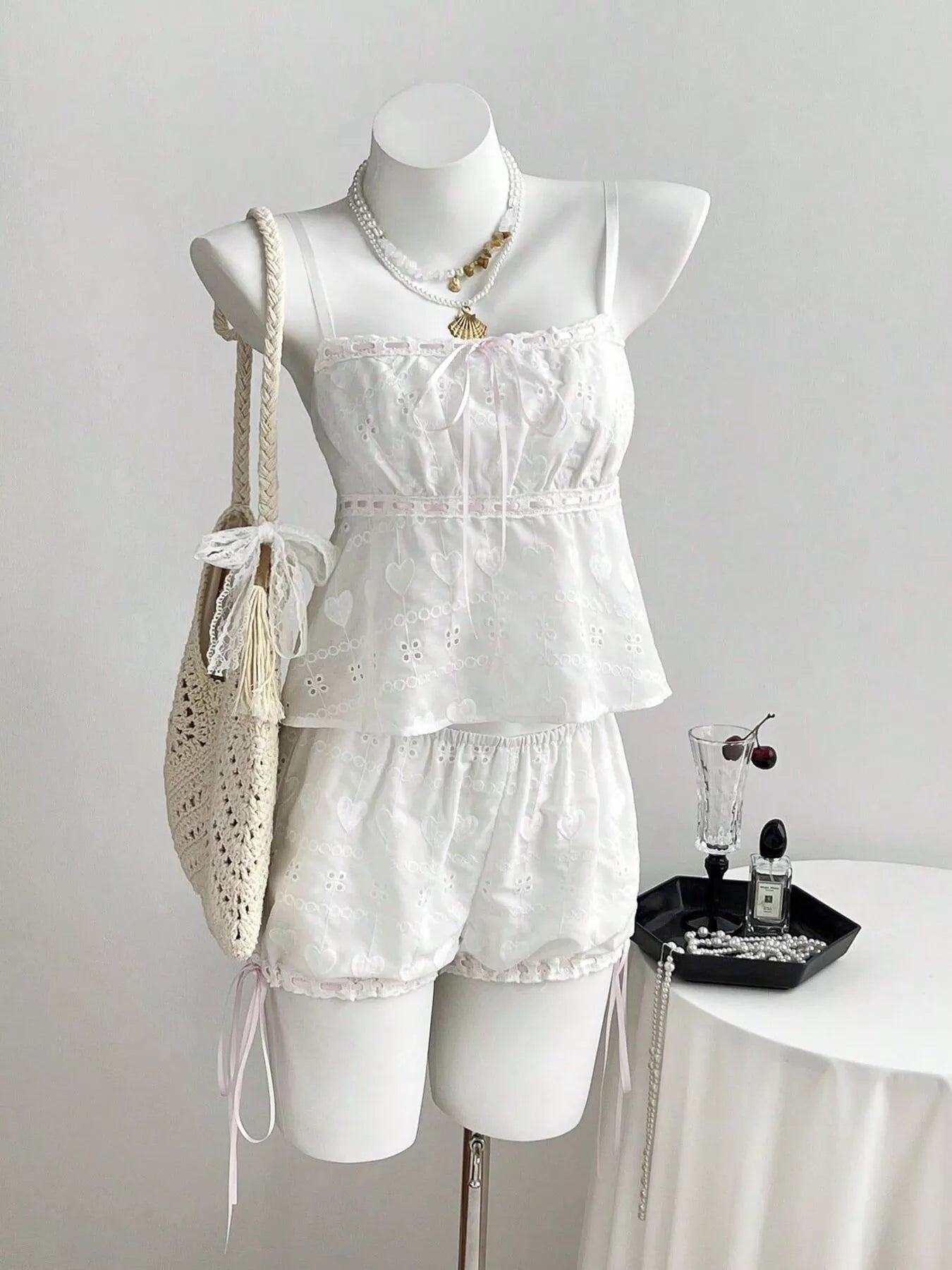 Lace Eyelet Cami and Shorts Set in White