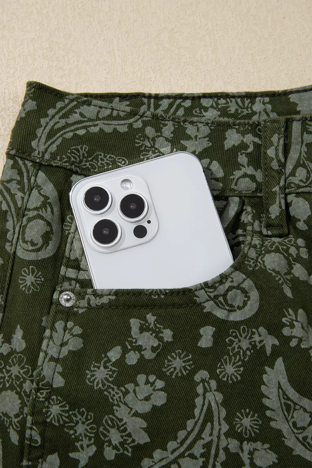 Paisley Print Harem Denim Pants in Dark Green
